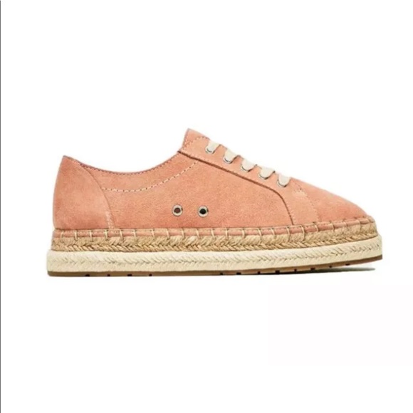 Zara TRF Women Split Suede Bluchers Flat Lace-up  Espadrille Sneakers Pink 5 - Picture 1 of 5